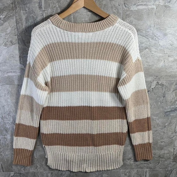 Tan and white striped knit sweater oversized woman's Medium #stripes - Picture 6 of 6
